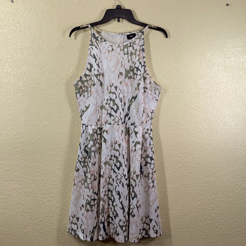 Mossimo Skater Dress Cream Green Pink Pattern Print Halter Sleeveless  L
